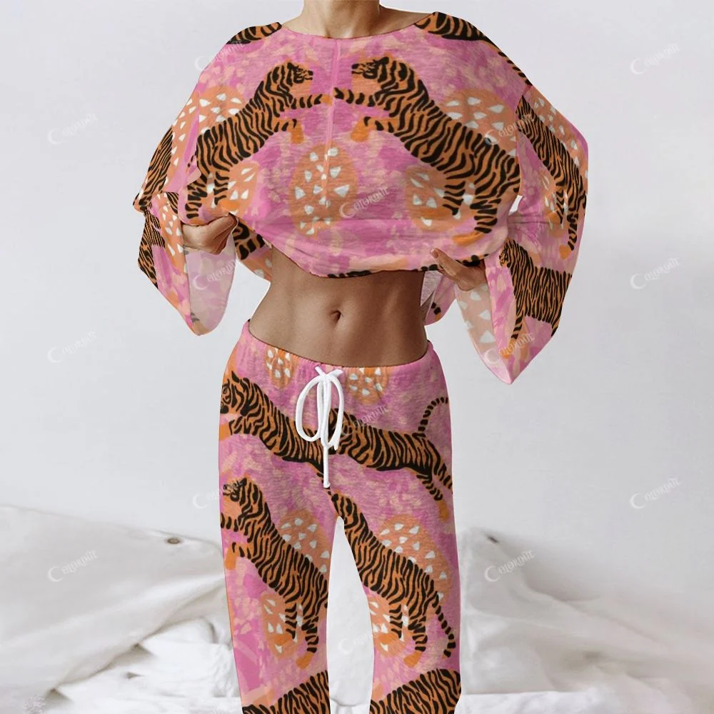 Colordate Women's Tiger Print Long Sleeve Cotton Homewear Set