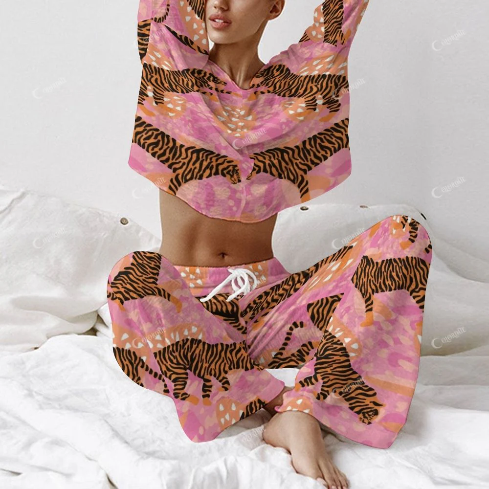 Colordate Women's Tiger Print Long Sleeve Cotton Homewear Set - Image 3
