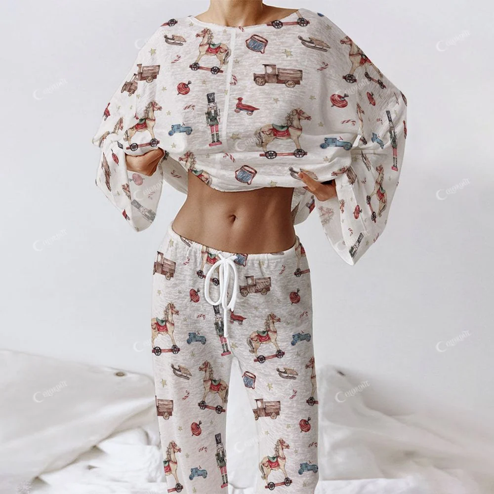 Colordate Women's Trojan Horse And Nutcracker Print Long Sleeve Cotton Homewear Set