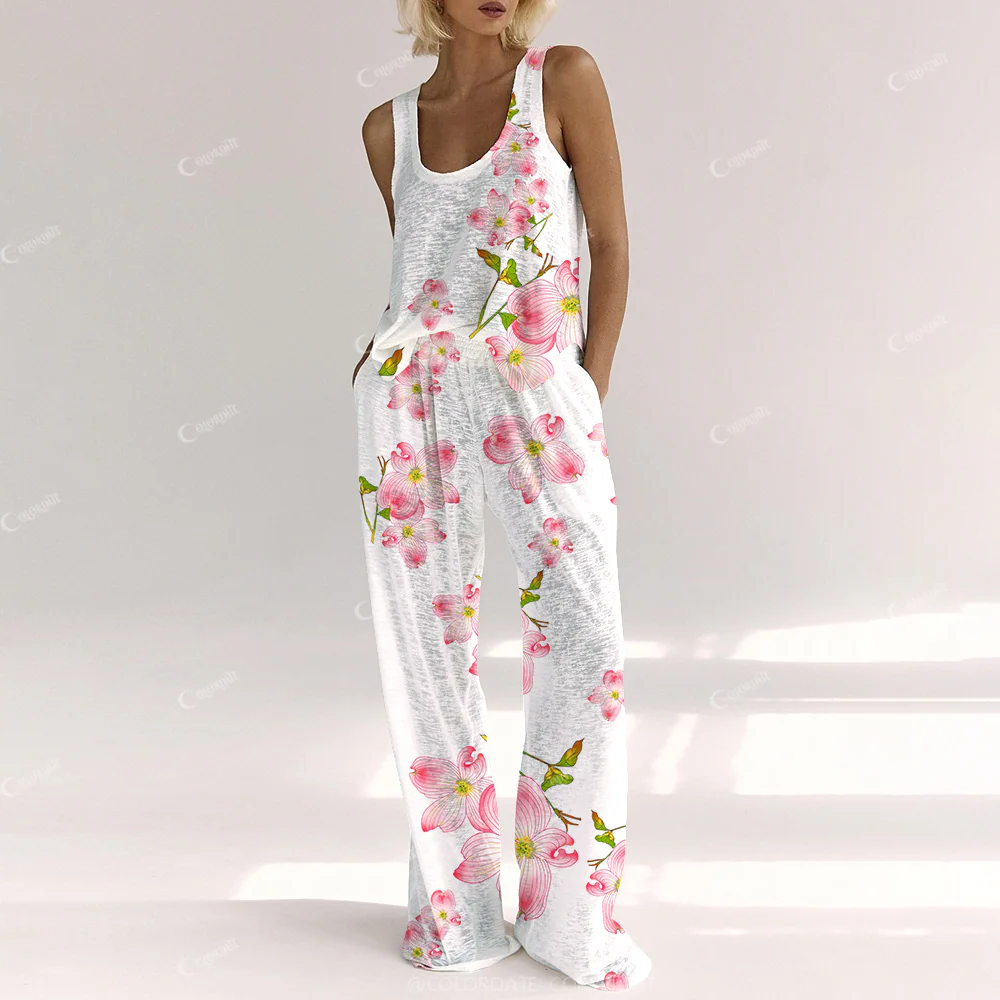 Colordate Women's Watercolor Flower Pink Floral Print Cotton Vest and Pants Set