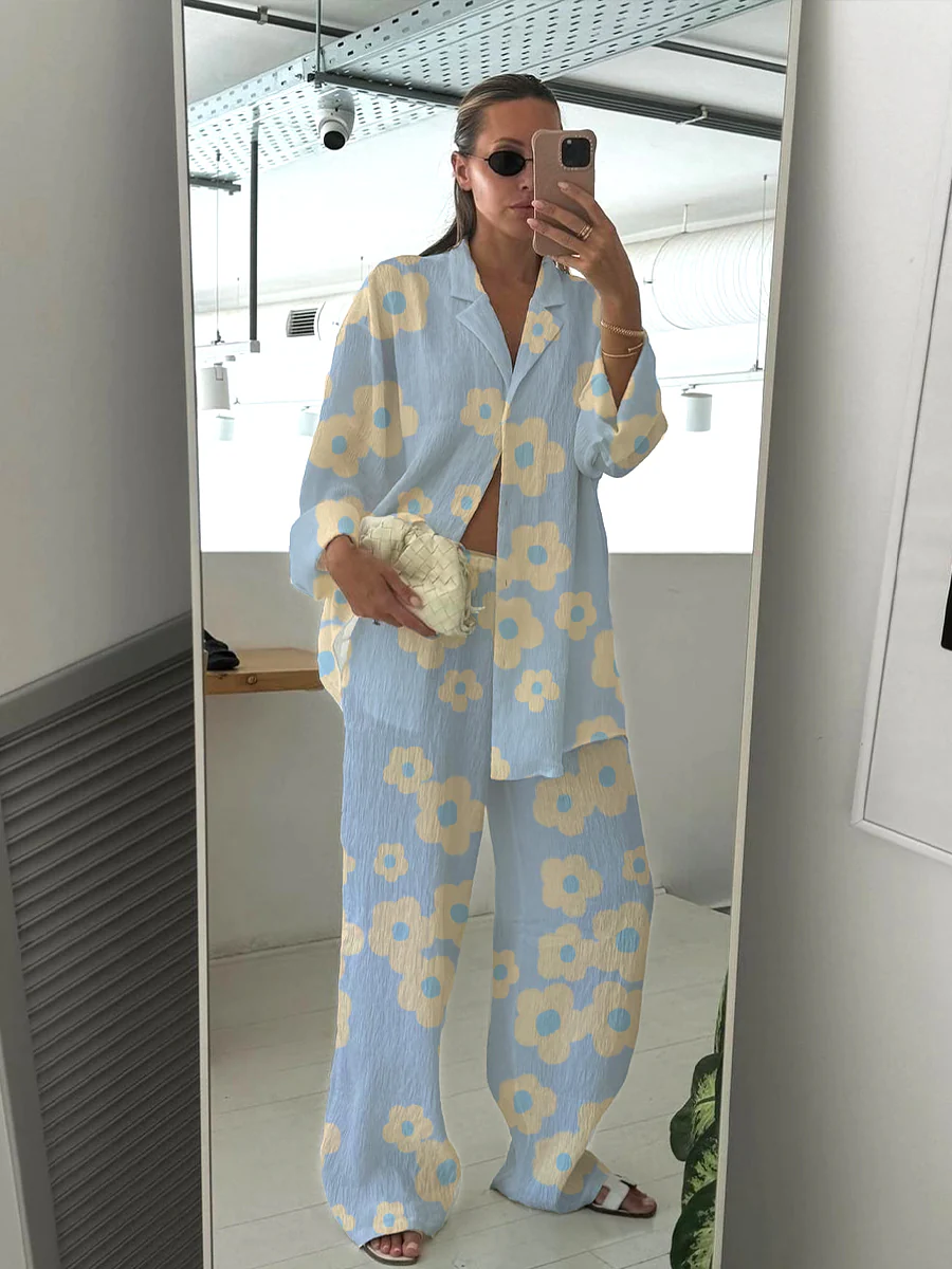 Colordate Women's Yellow Fresh Flowers Print Cotton Cardigan Homewear Set - Image 3