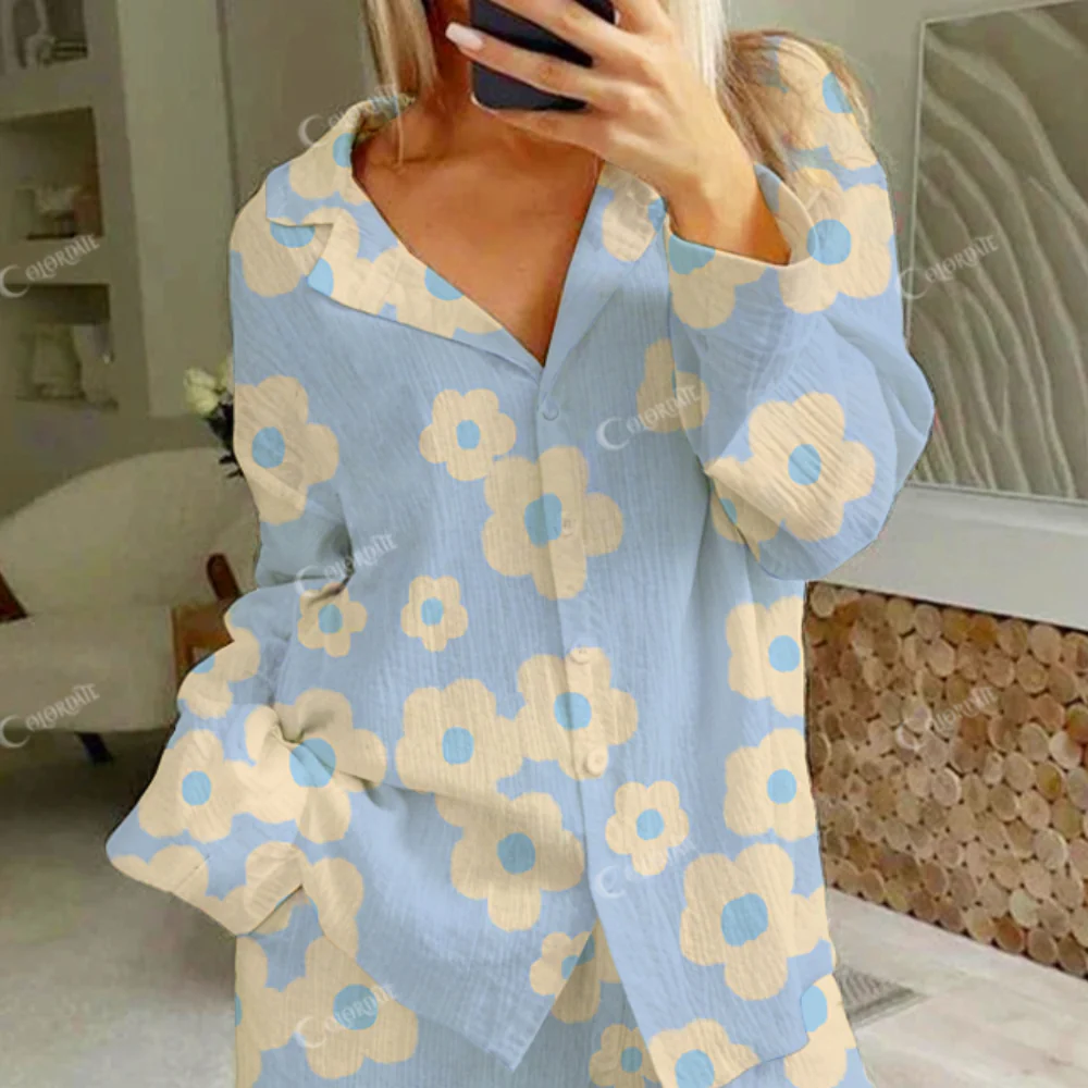 Colordate Women's Yellow Fresh Flowers Print Cotton Cardigan Homewear Set - Image 4