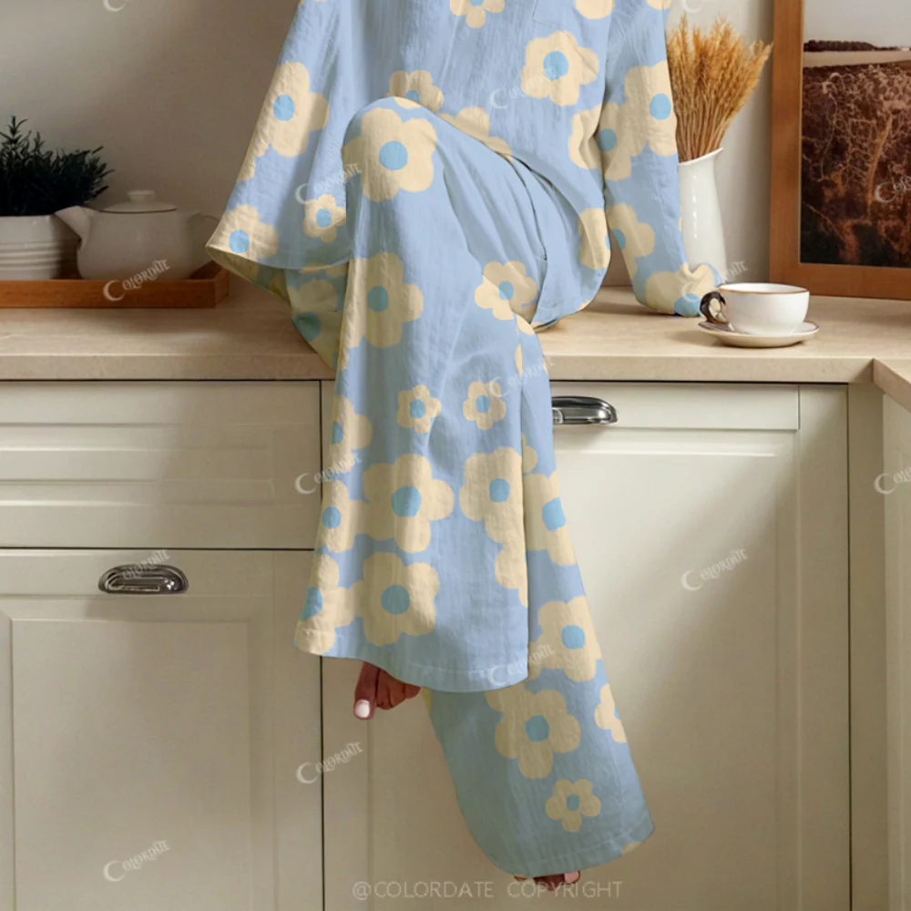 Colordate Women's Yellow Fresh Flowers Print Cotton Cardigan Homewear Set - Image 5