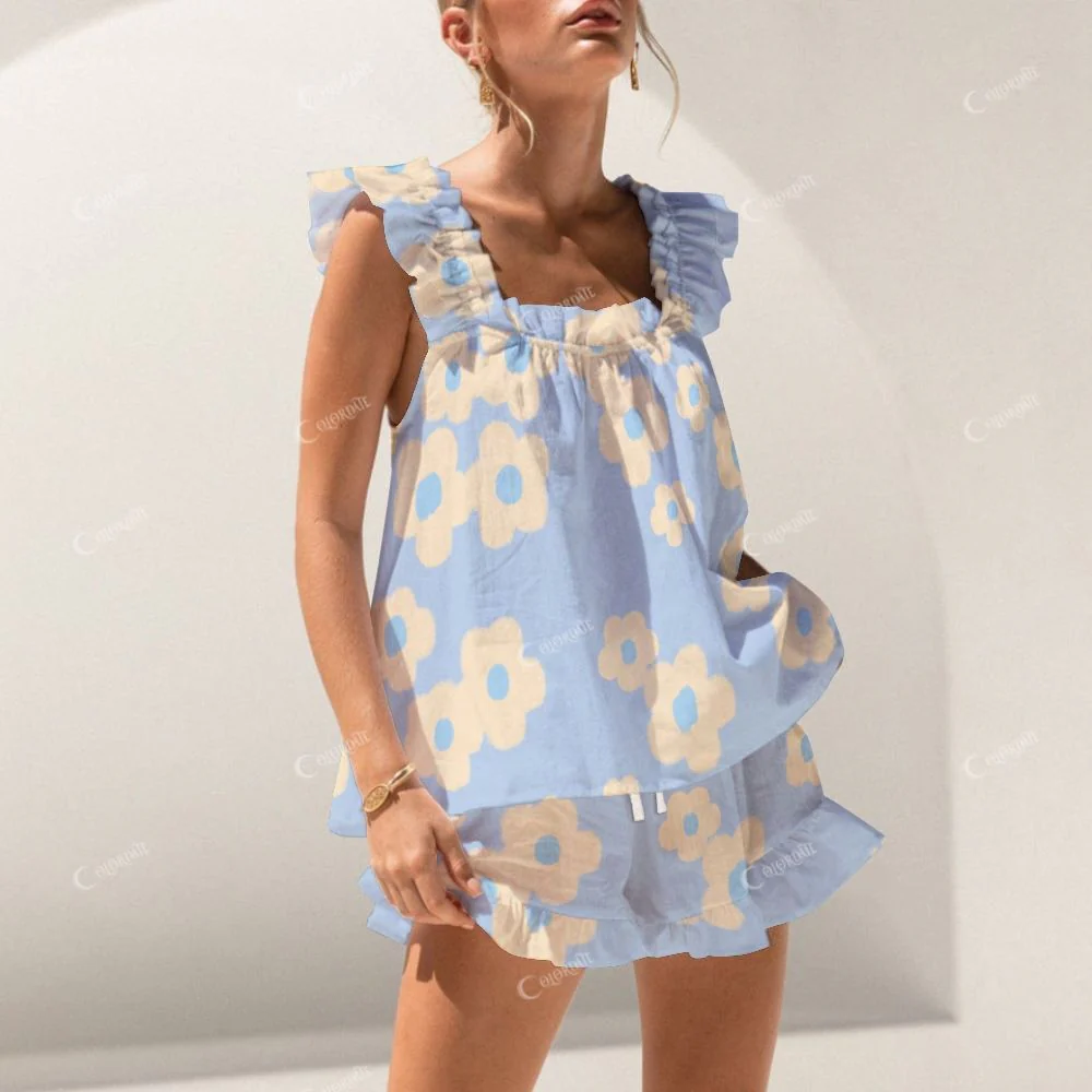 Colordate Yellow Floral Print Short Tank Top Shorts Pajama Set