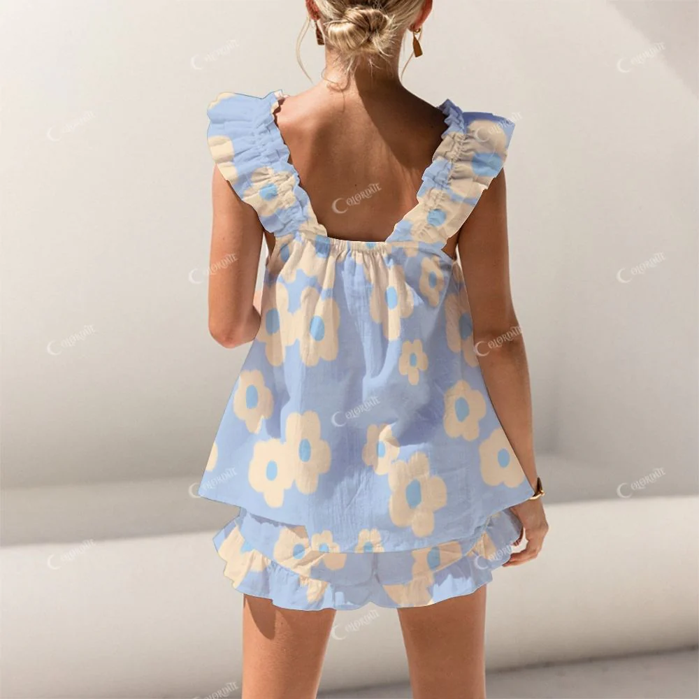 Colordate Yellow Floral Print Short Tank Top Shorts Pajama Set - Image 2