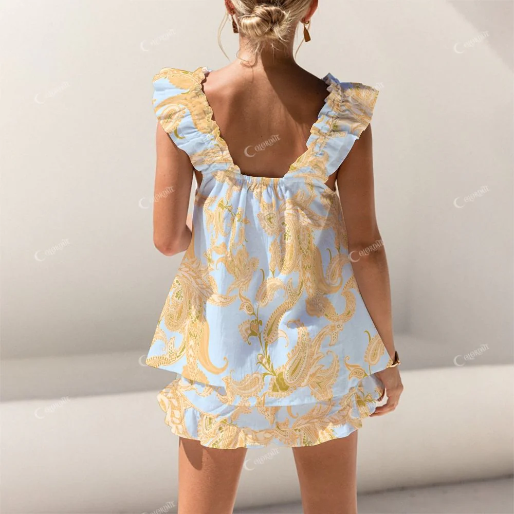 Colordate Yellow Pattern Print Short Tank Top Shorts Pajama Set - Image 2