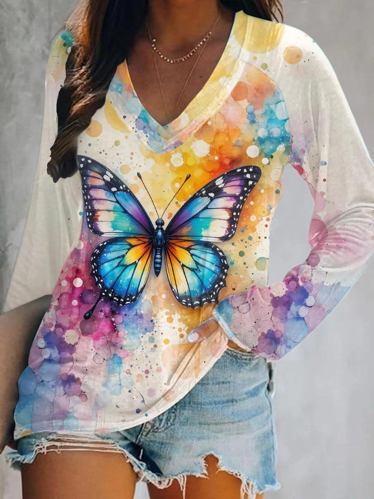 Colorful Butterfly Art Print V-Neck Long Sleeve Top