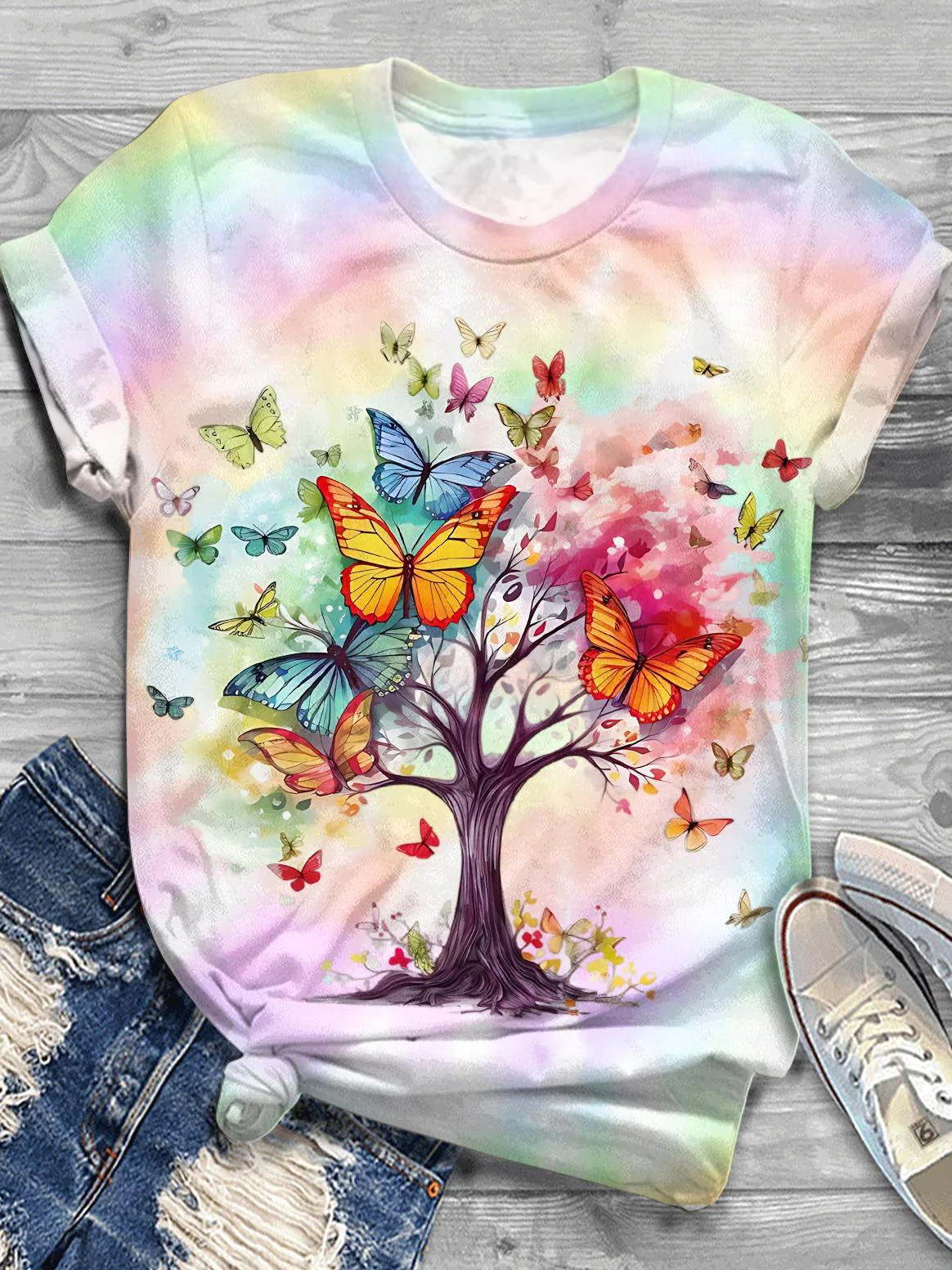 Colorful Butterfly Tree Crew Neck T-shirt
