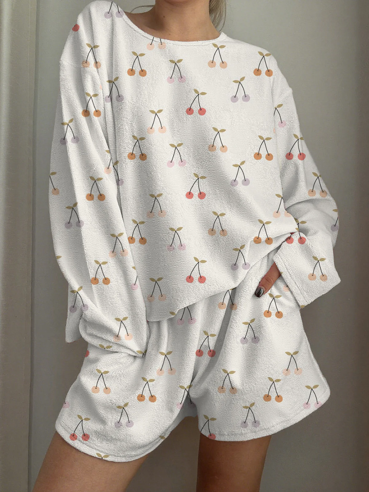 Colorful Cherry Printed Long-Sleeved Shorts Loungewear Set