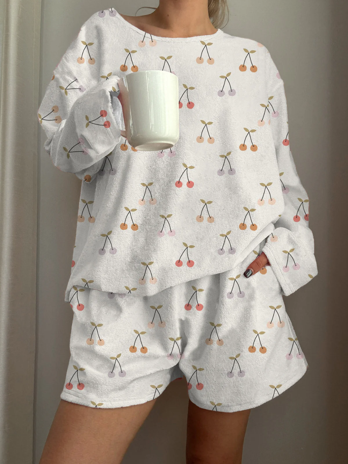 Colorful Cherry Printed Long-Sleeved Shorts Loungewear Set - Image 2