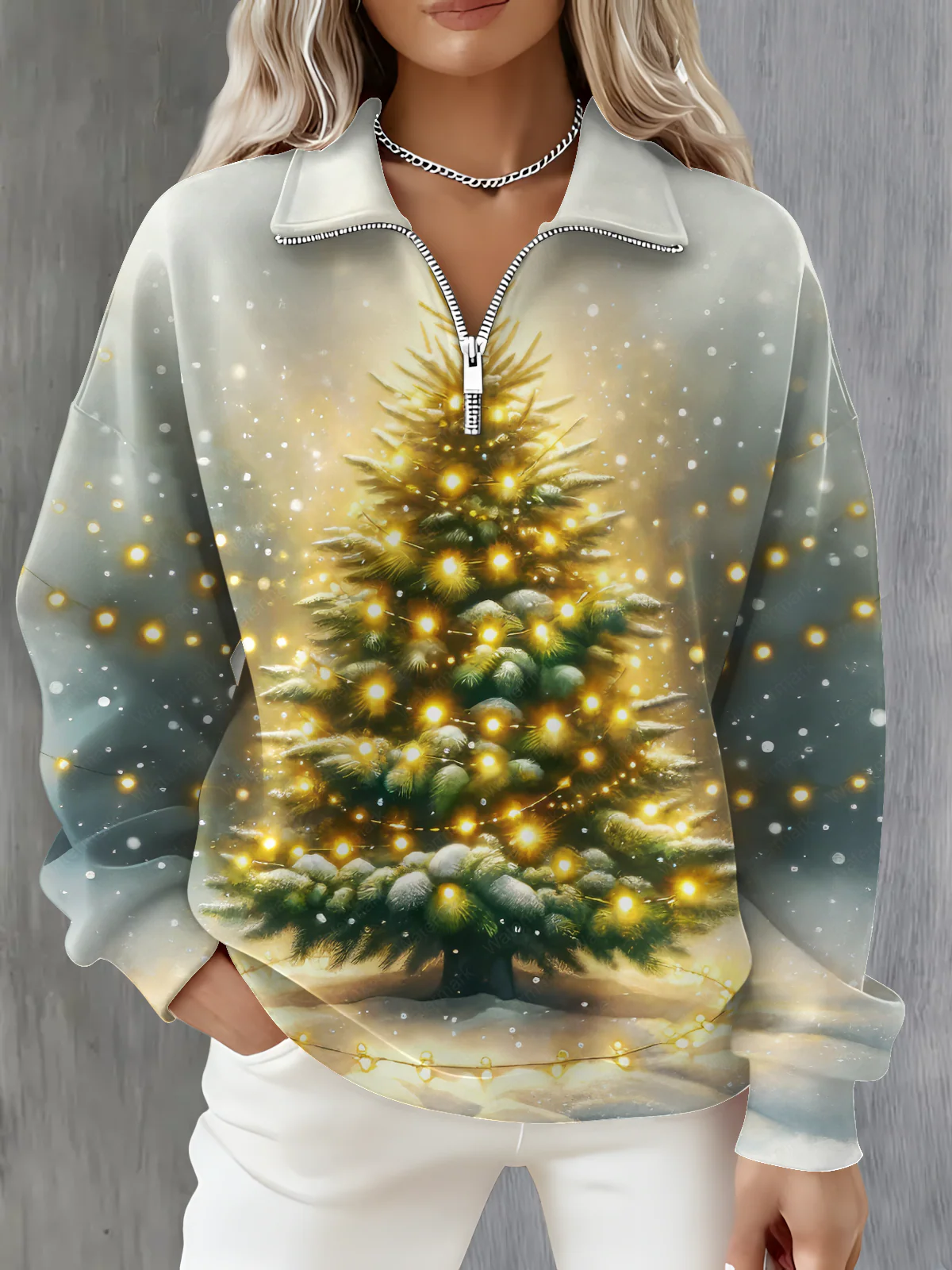Colorful Christmas Tree Long Sleeve Zipper Sweatshirt - Image 2