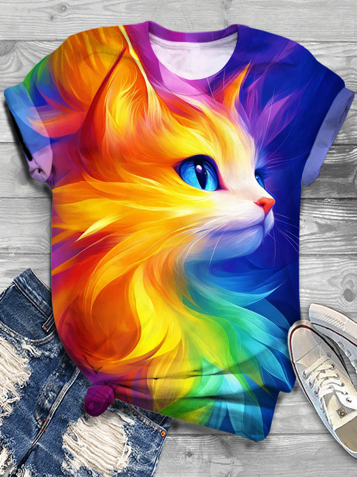 Colorful Cute Cat Art Crew Neck T-shirt