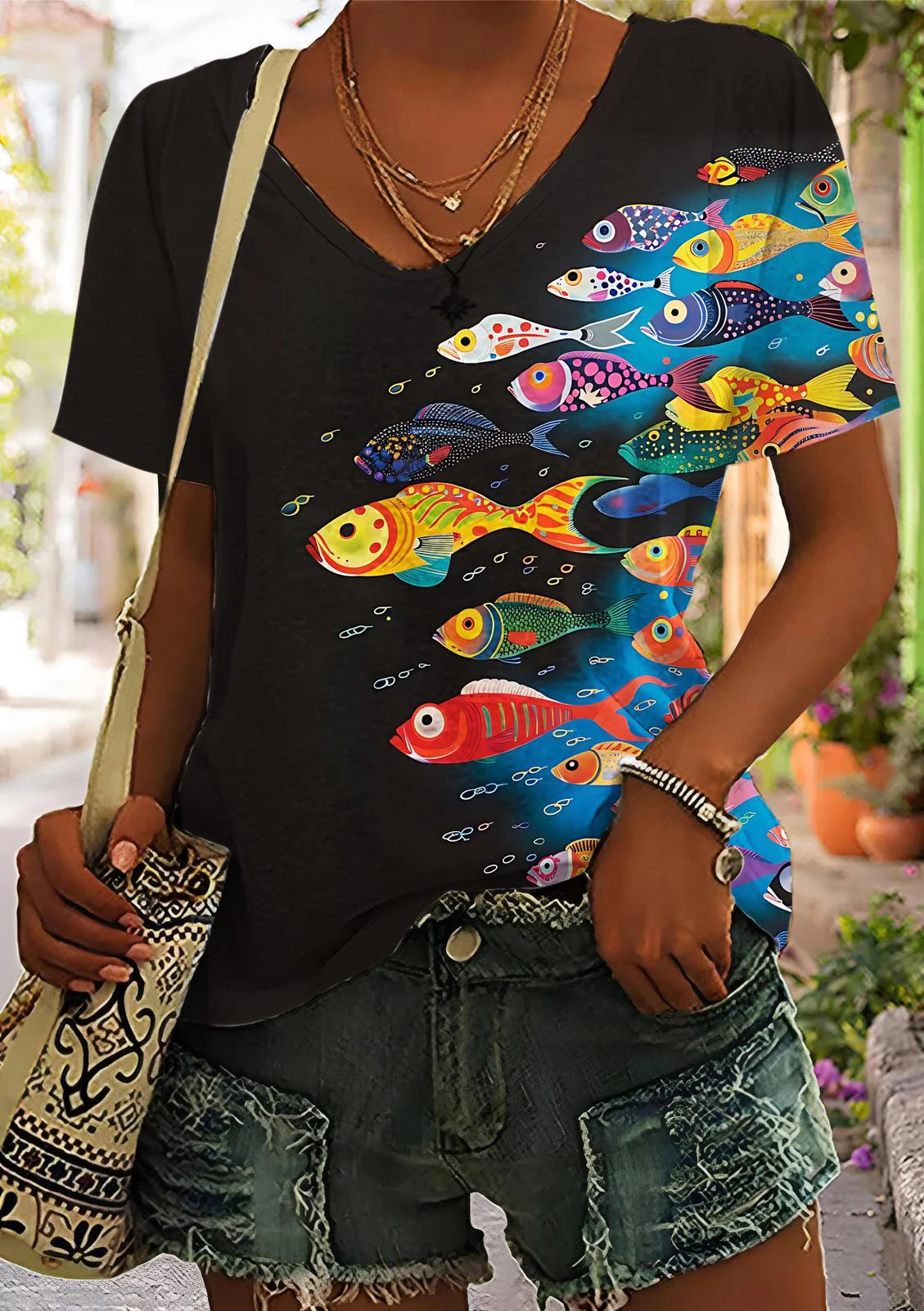 Colorful Fish Schools V-neck T-Shirt
