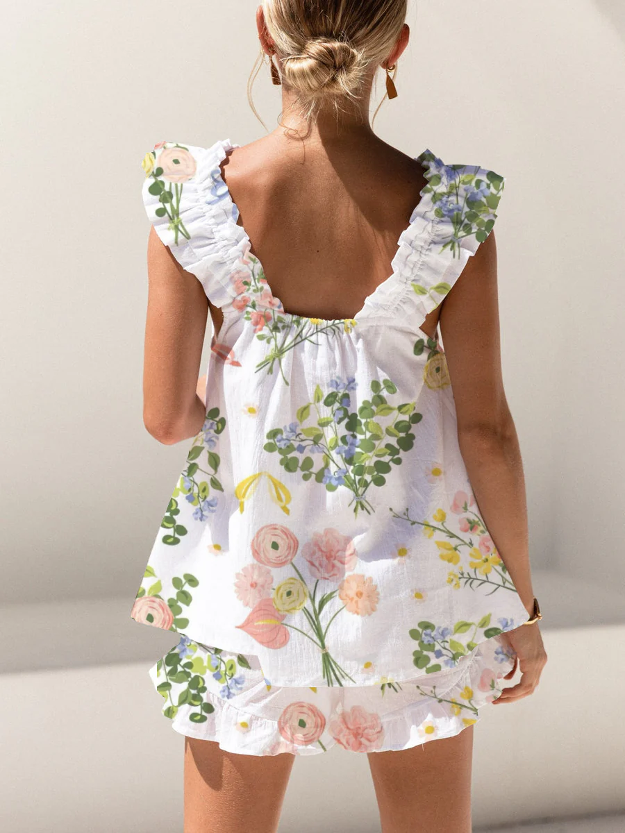 Colorful Flowers Print Ruffled Trim Short Tank Top Shorts Pajama Set - Image 2
