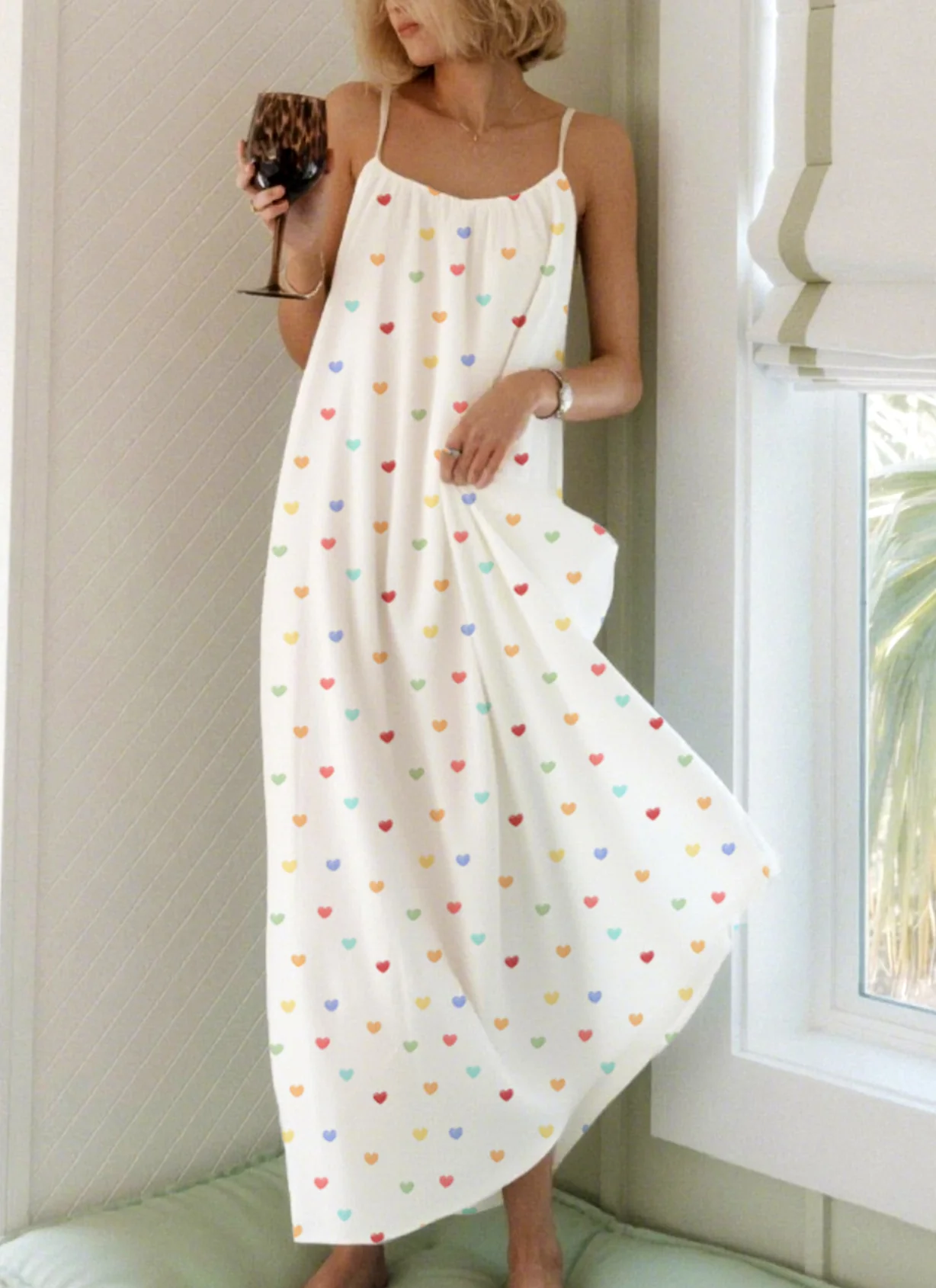 Colorful Love Printed Long Neckline Pleated Nightgown - Image 2