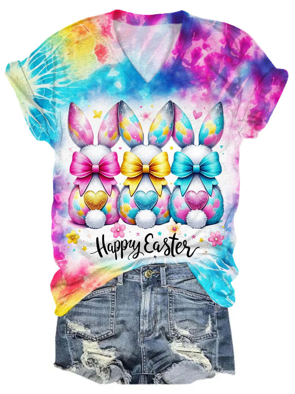 Colorful Tie Dyeing Rabbit V-neck T-Shirt