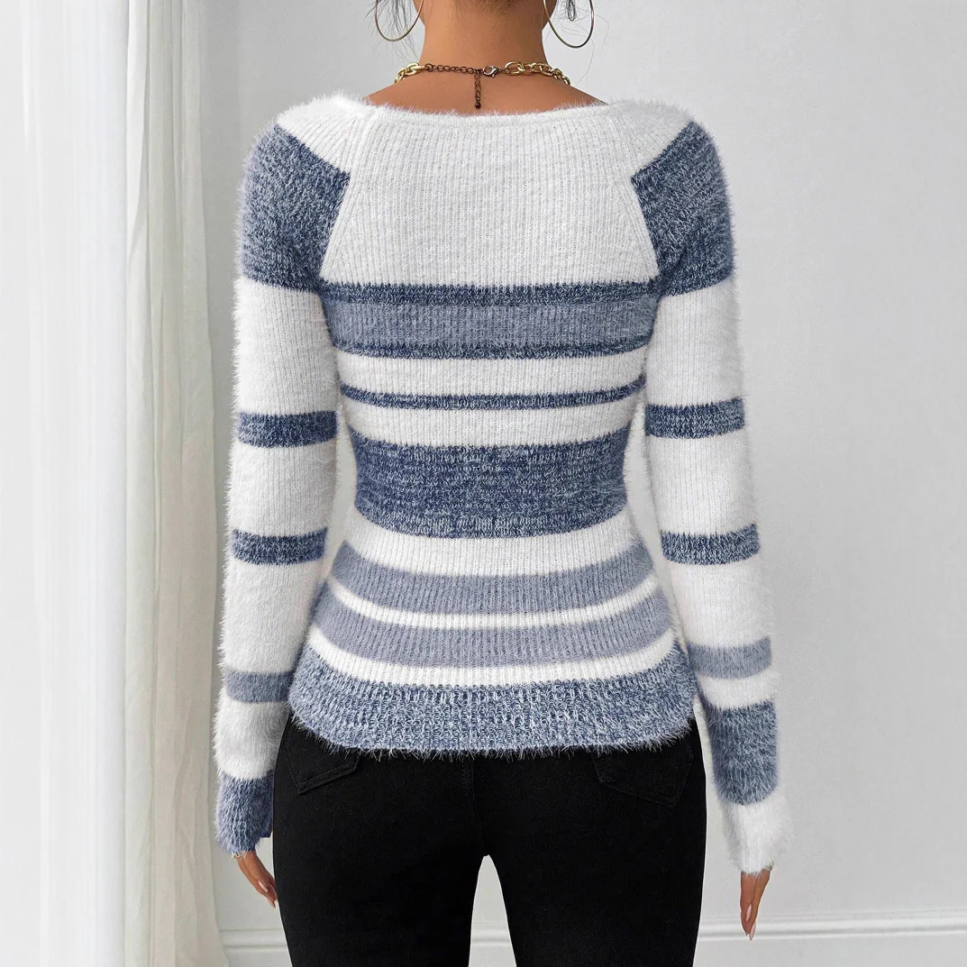 Contrast Square Neck Striped Sweater - Image 2