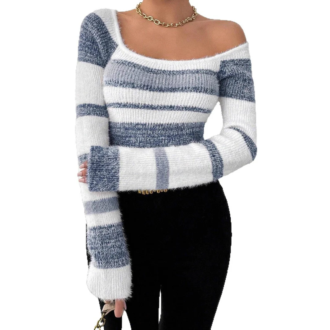 Contrast Square Neck Striped Sweater - Image 3