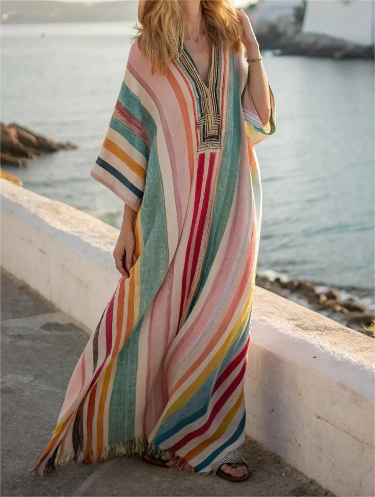 Contton & Linen Long Sleeve Kaftan Maxi Dress - Image 2
