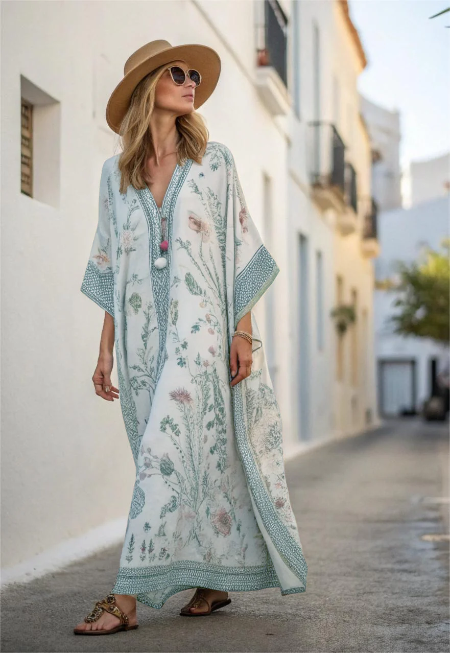 Contton & Linen Long Sleeve Kaftan Maxi Dress - Image 4