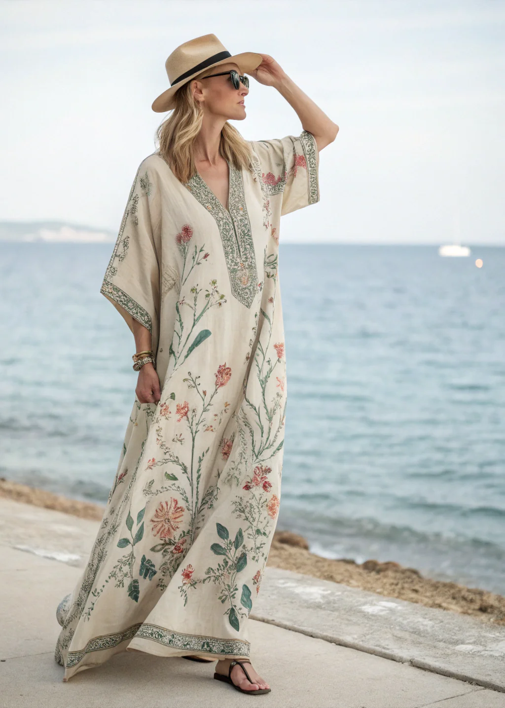 Contton & Linen Long Sleeve Kaftan Maxi Dress