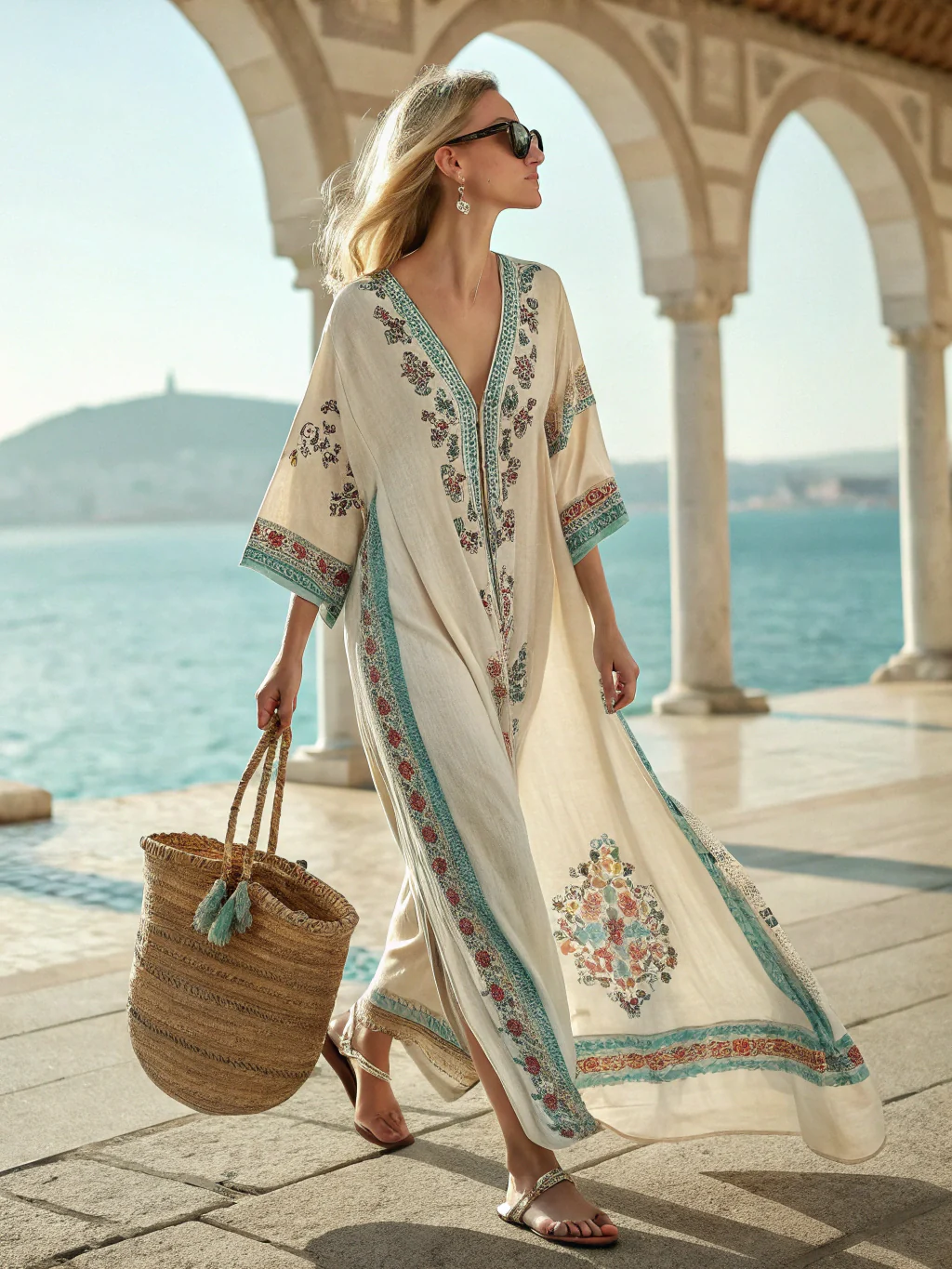 Contton & Linen Long Sleeve Kaftan Maxi Dress