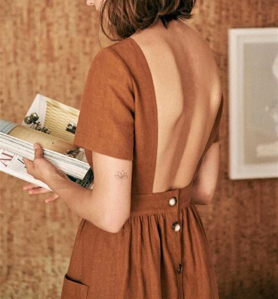 Cotton linen backless short sleeves dress - Image 2