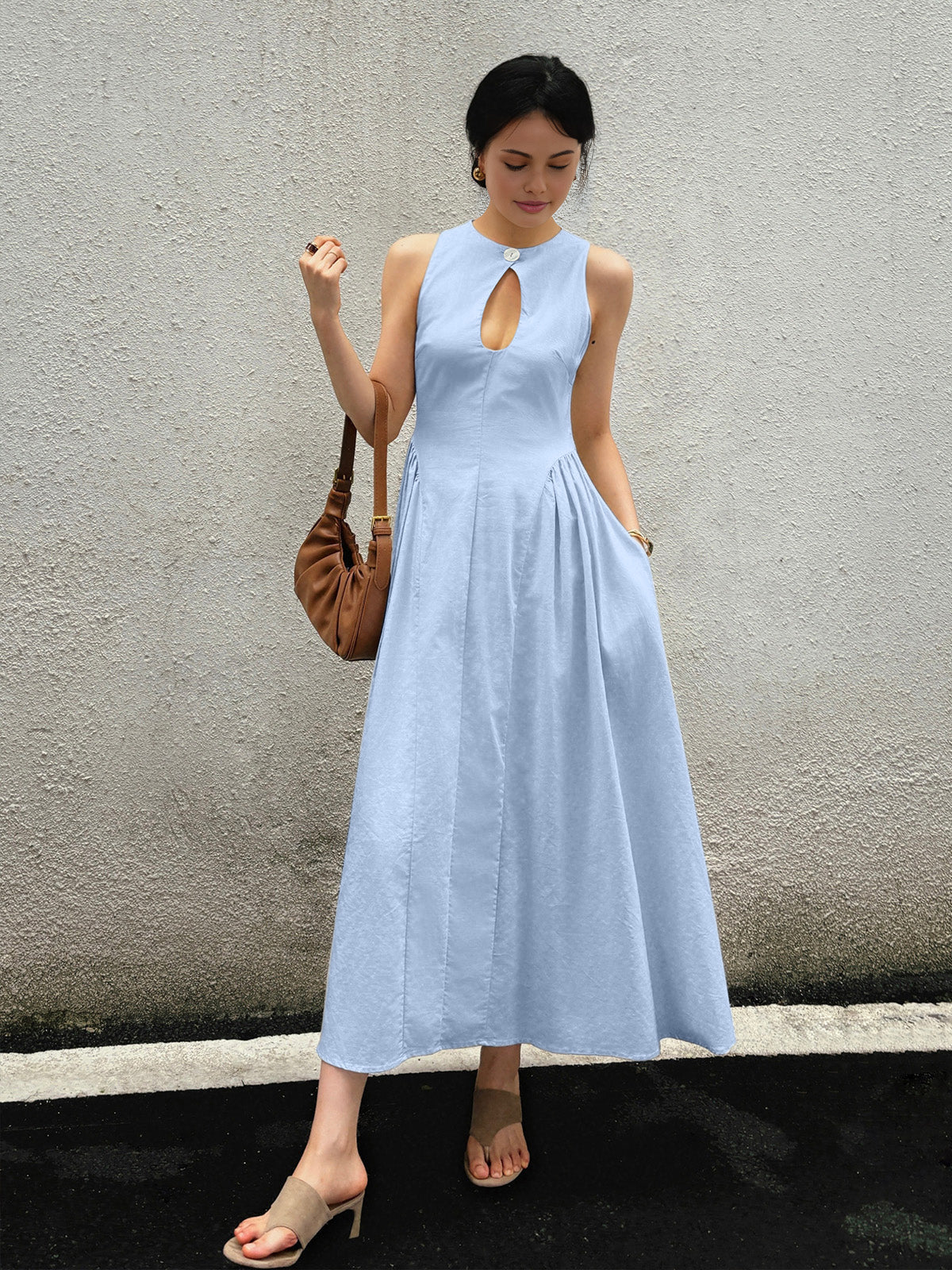 Cotton & Linen Pleated Cutout Long Dress - Image 10