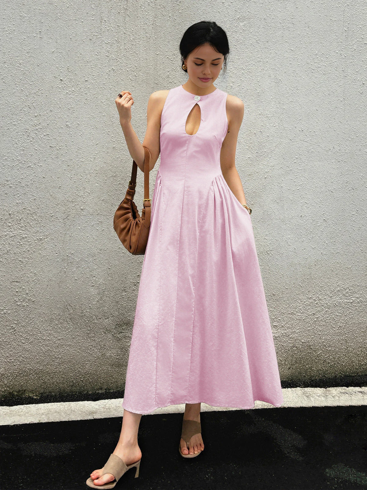 Cotton & Linen Pleated Cutout Long Dress - Image 11