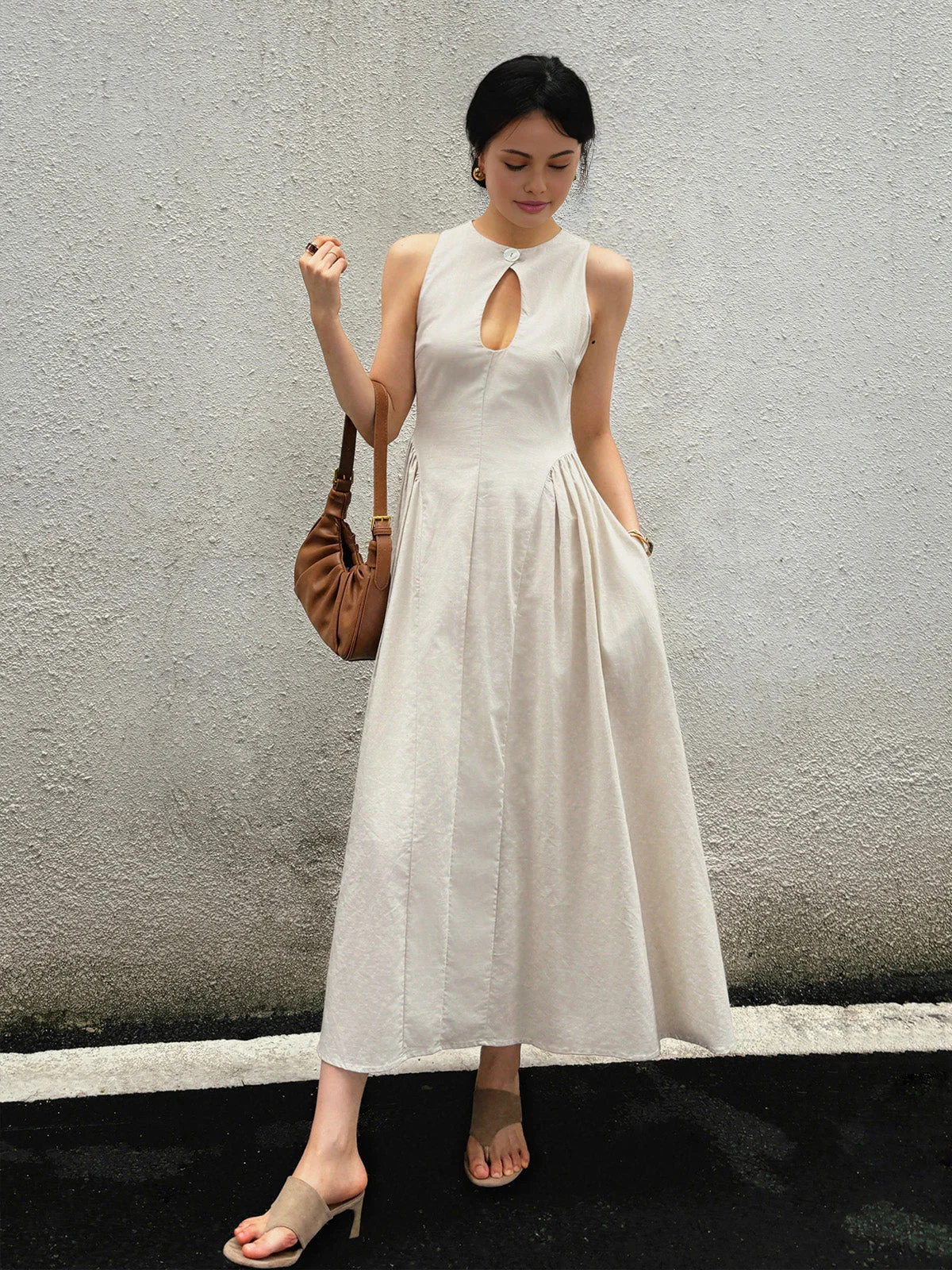 Cotton & Linen Pleated Cutout Long Dress - Image 3
