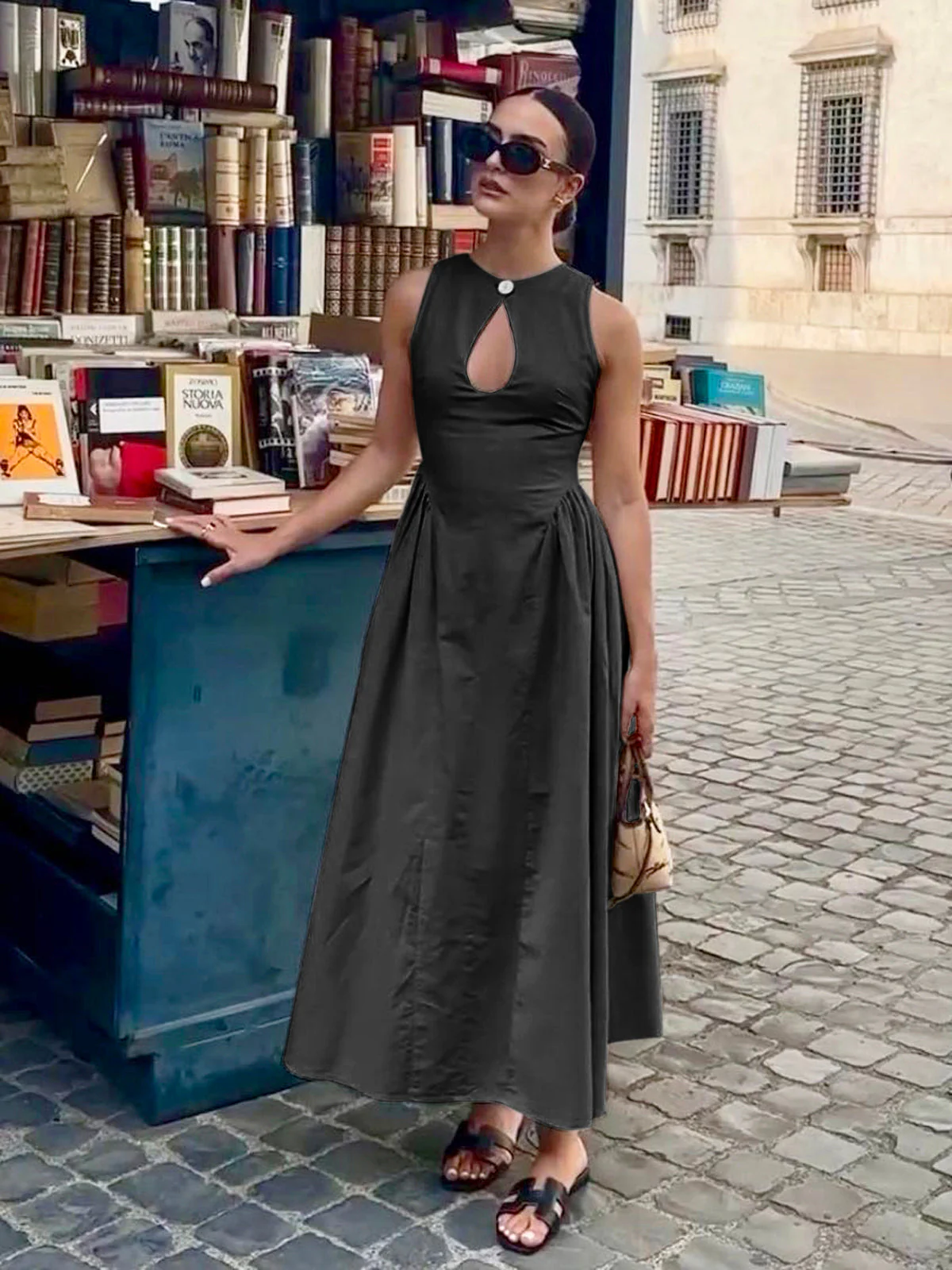 Cotton & Linen Pleated Cutout Long Dress - Image 7