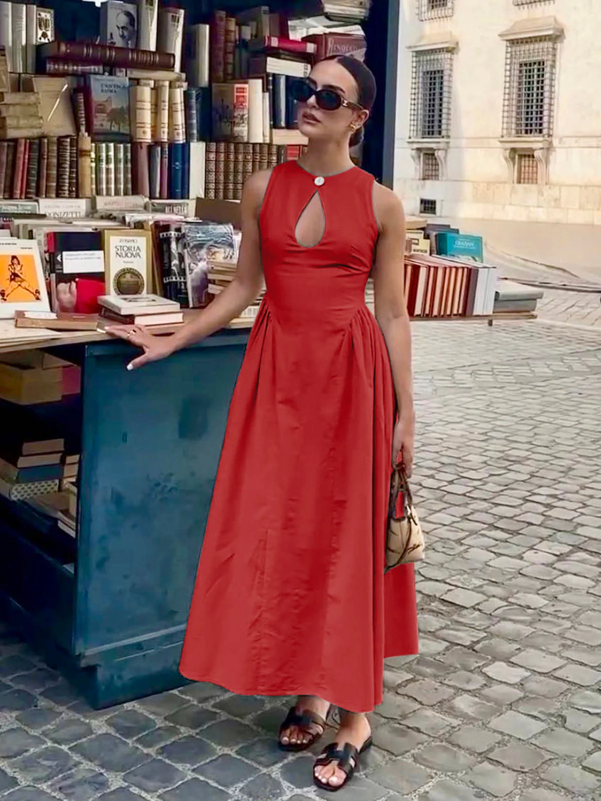 Cotton & Linen Pleated Cutout Long Dress - Image 8