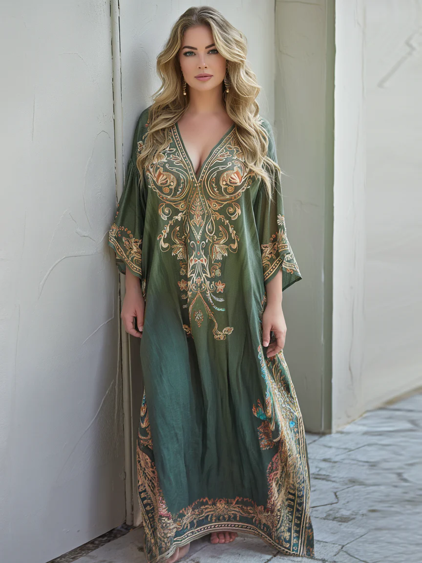 Contton & Linen Long Sleeve Baroque Style Kaftan Maxi Dress