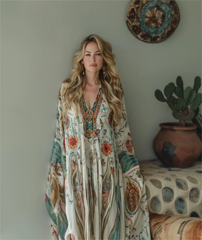 Contton & Linen Long Sleeve Kaftan Maxi Dress