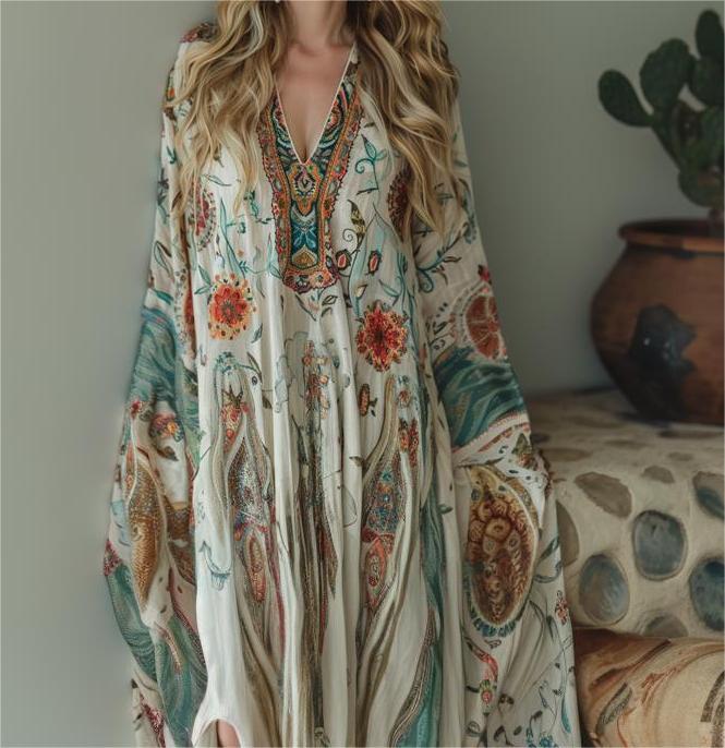 Contton & Linen Long Sleeve Kaftan Maxi Dress - Image 2