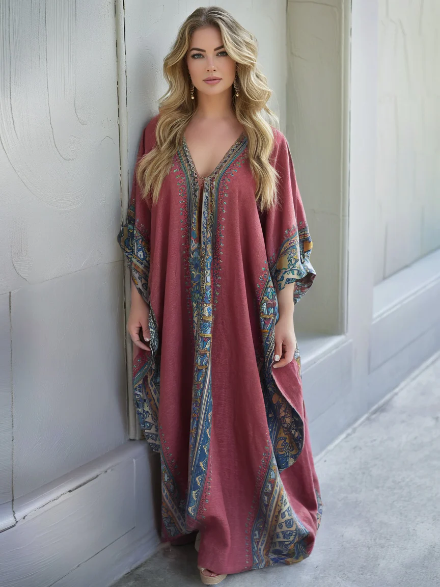Contton & Linen Long Sleeve Kaftan Maxi Dress