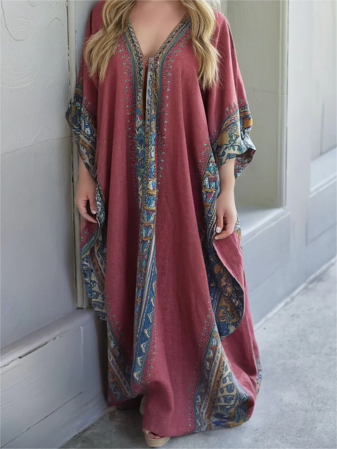 Contton & Linen Long Sleeve Kaftan Maxi Dress - Image 2
