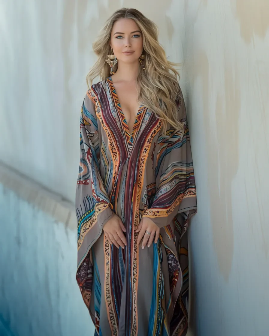 Contton & Linen Long Sleeve Moroccan Style Kaftan Maxi Dress