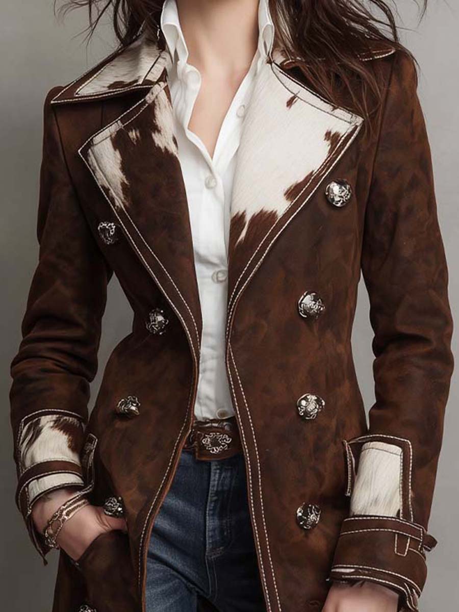 Cow Print Panel Faux Suede Long Coat - Image 2
