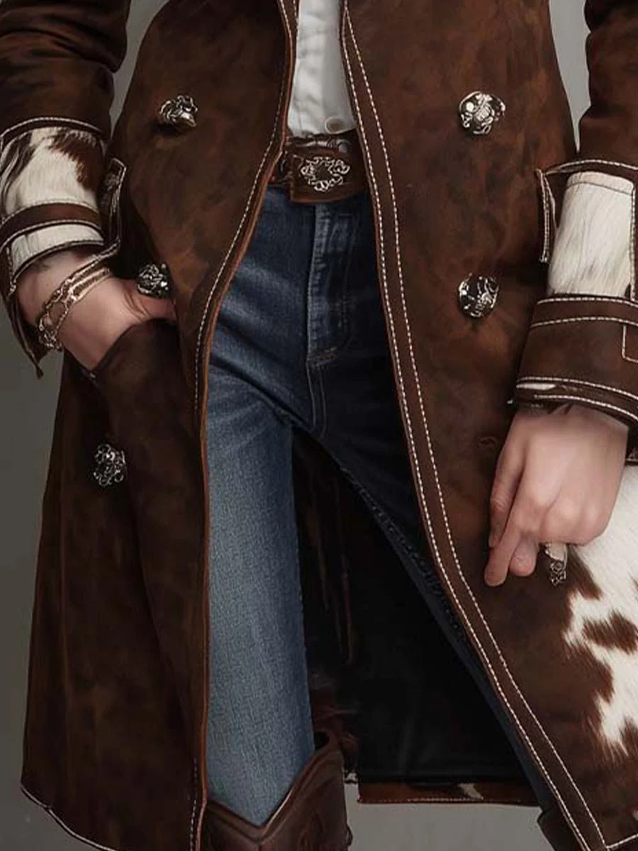 Cow Print Panel Faux Suede Long Coat - Image 3