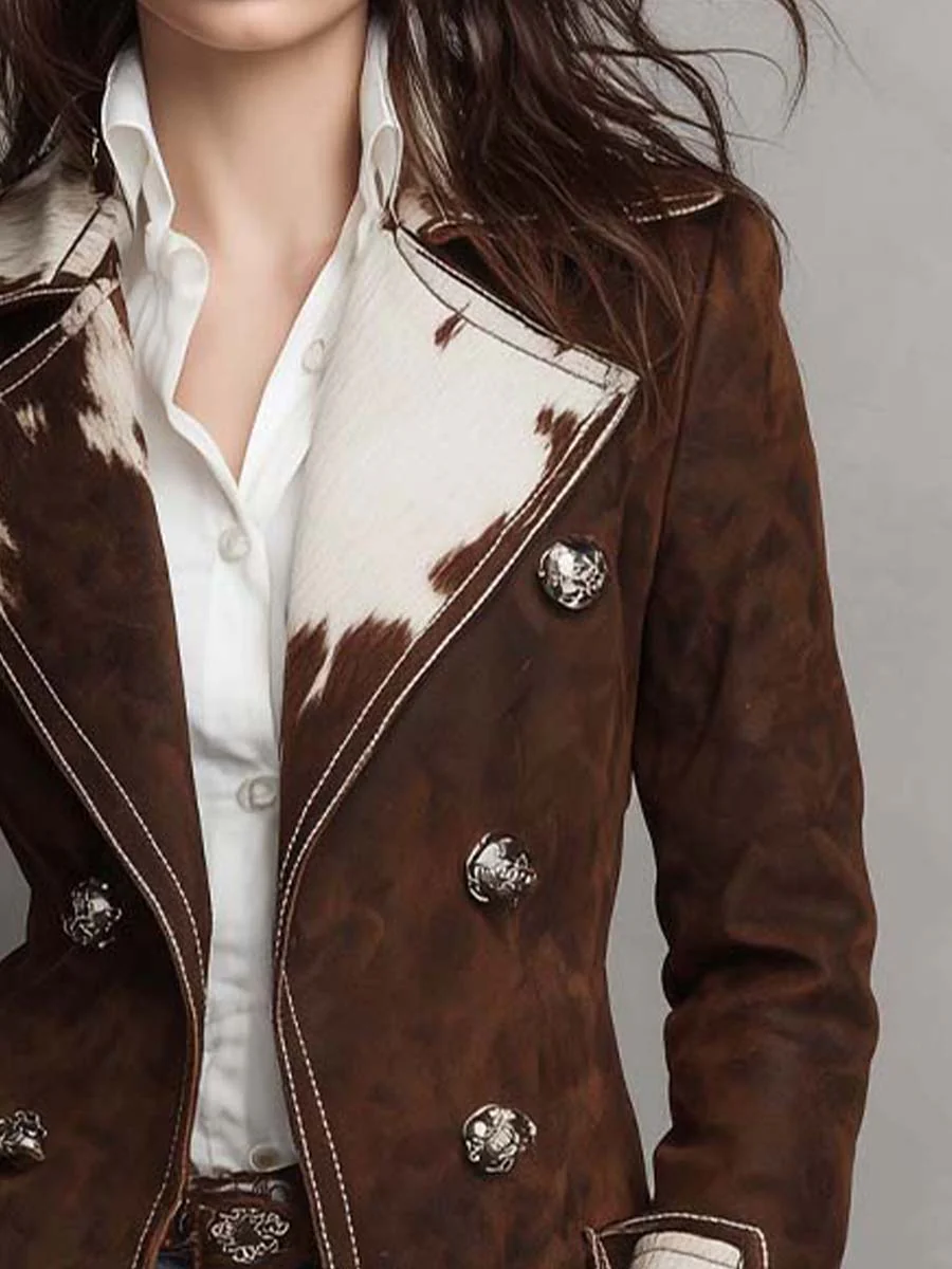 Cow Print Panel Faux Suede Long Coat - Image 4