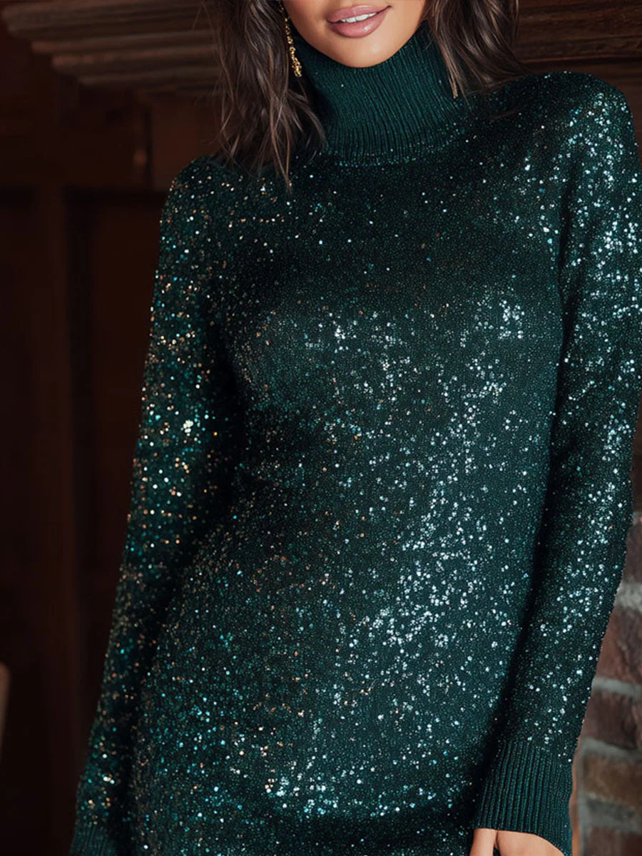 Cozy Emerald Sequin Turtleneck Sweater Dress With Ribbed Trims - Image 3