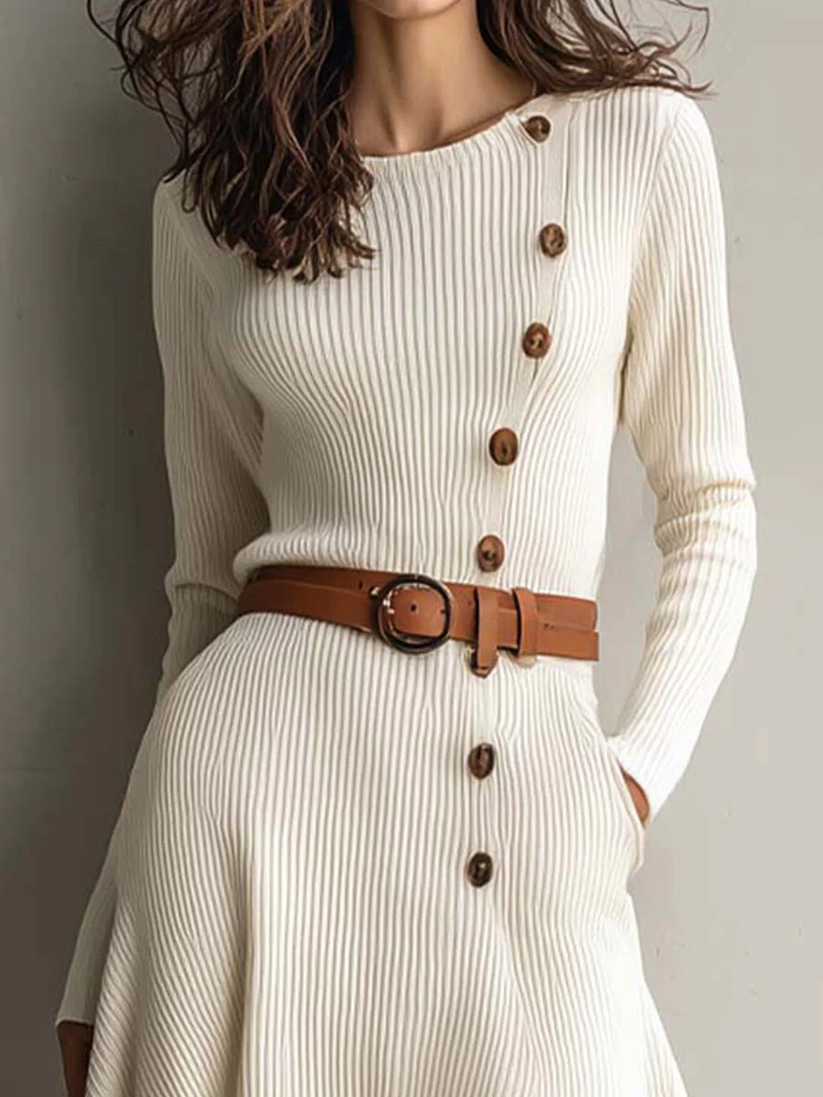 Cream Knit Midi Dress With Asymmetrical Button Detail - Image 3