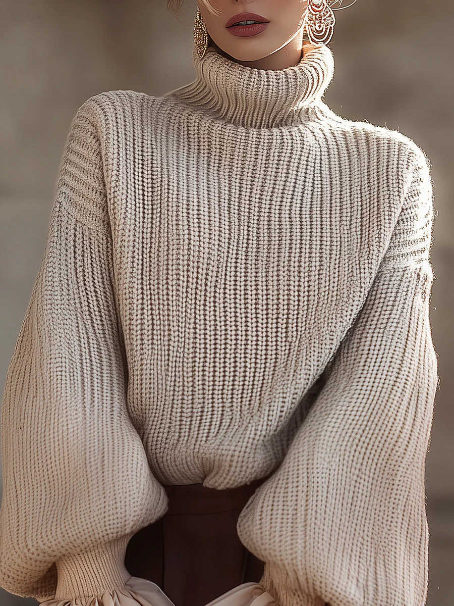 Cream Knit Turtleneck Sweater With Ruffled Cuffs - Image 3