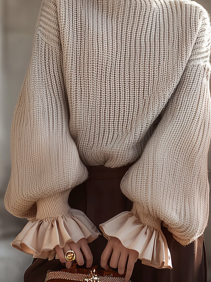 Cream Knit Turtleneck Sweater With Ruffled Cuffs - Image 4