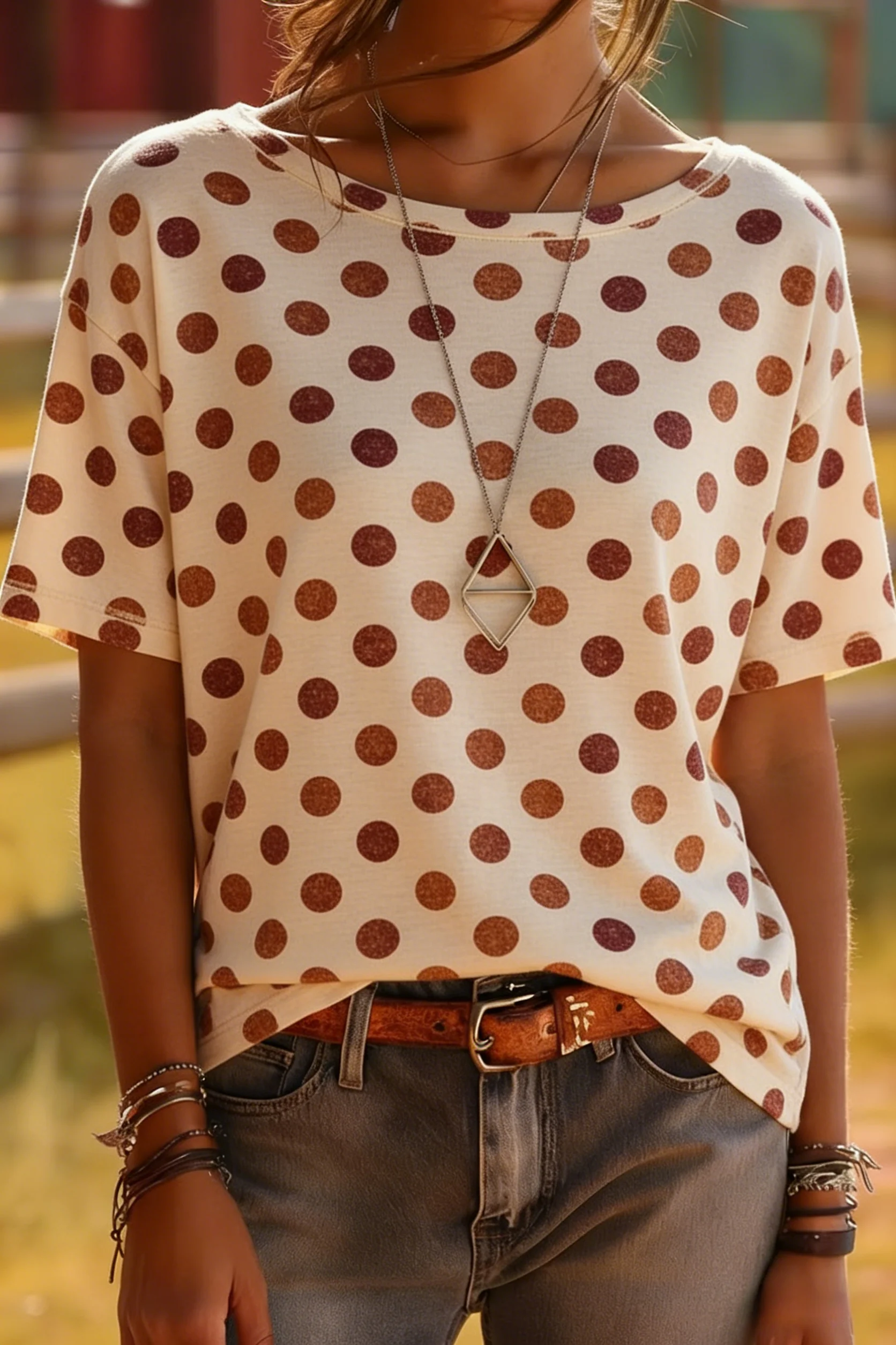 Cream Polka Dot Print T-Shirt - Retro Brown Dots Tee