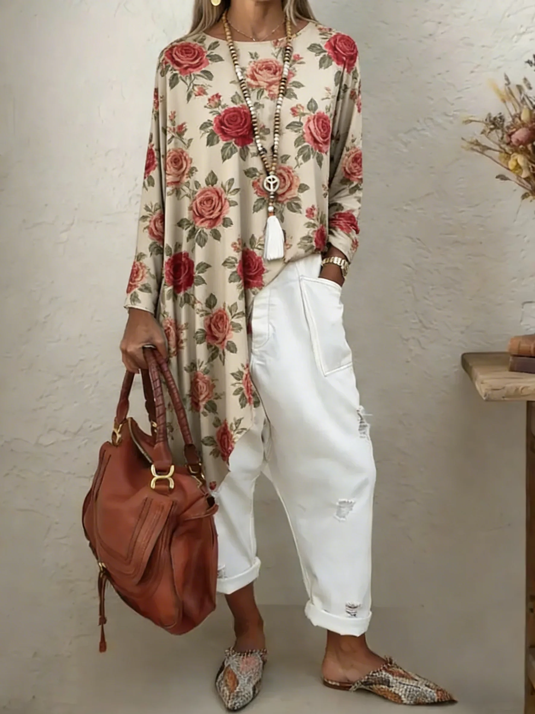 Cream Rose Floral Long Sleeve Tunic - Romantic Garden Top