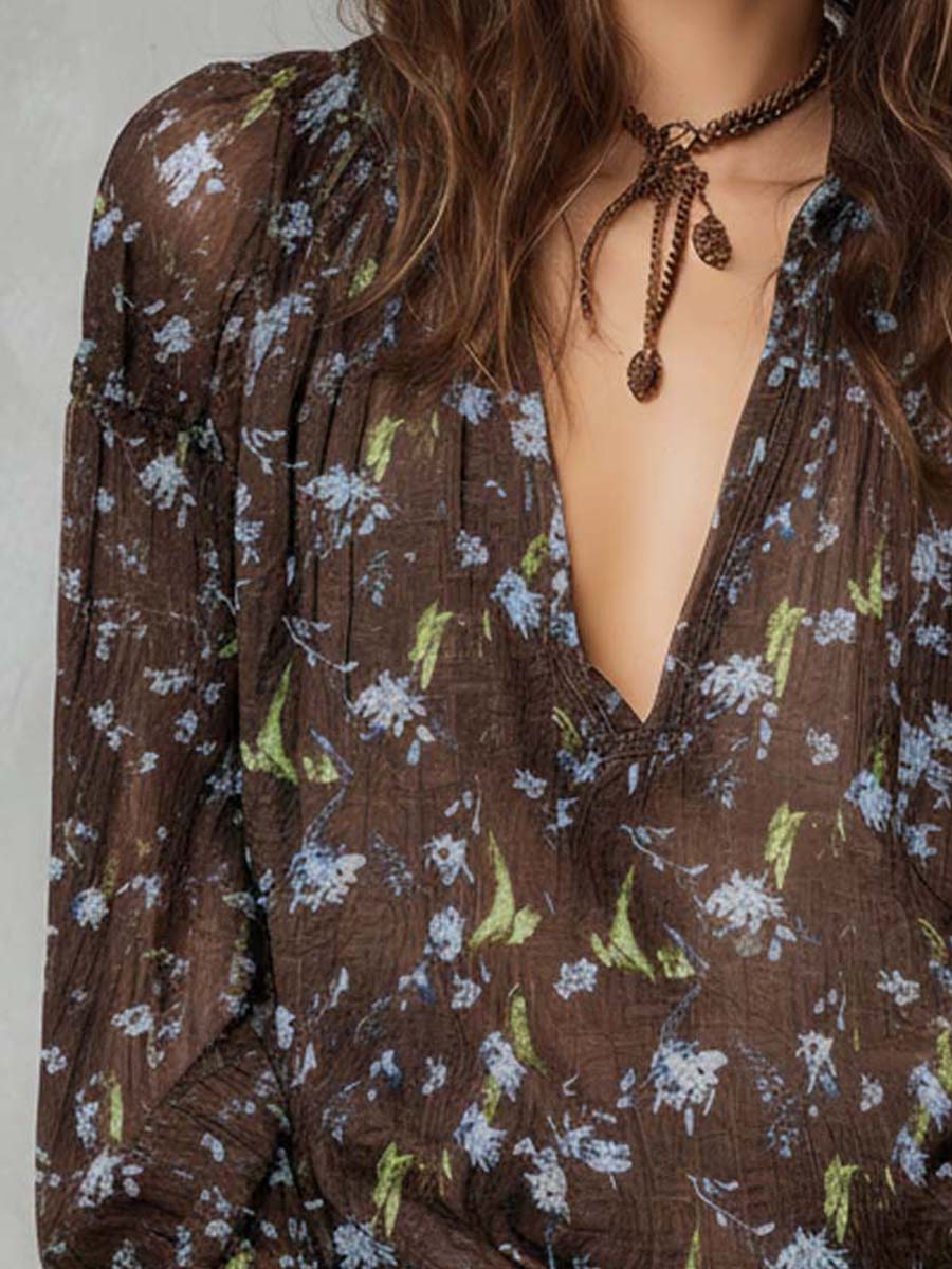 Crinkled Floral Chiffon V-Neck Top - Image 2
