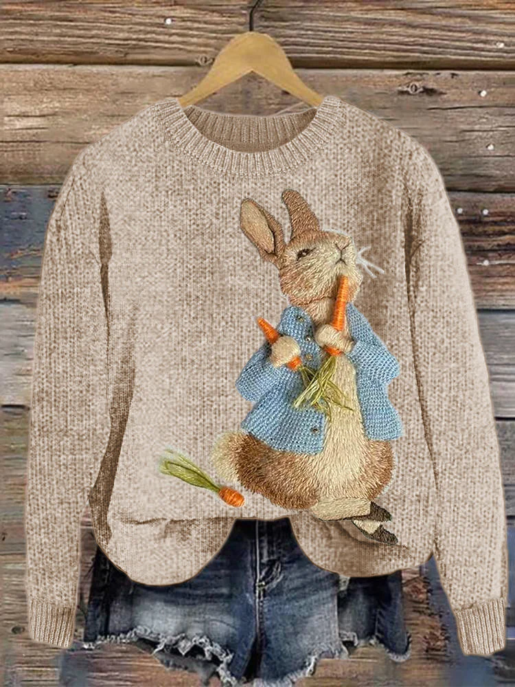Cute Bunny Embroidery Art Cozy Knit Sweater - Image 3
