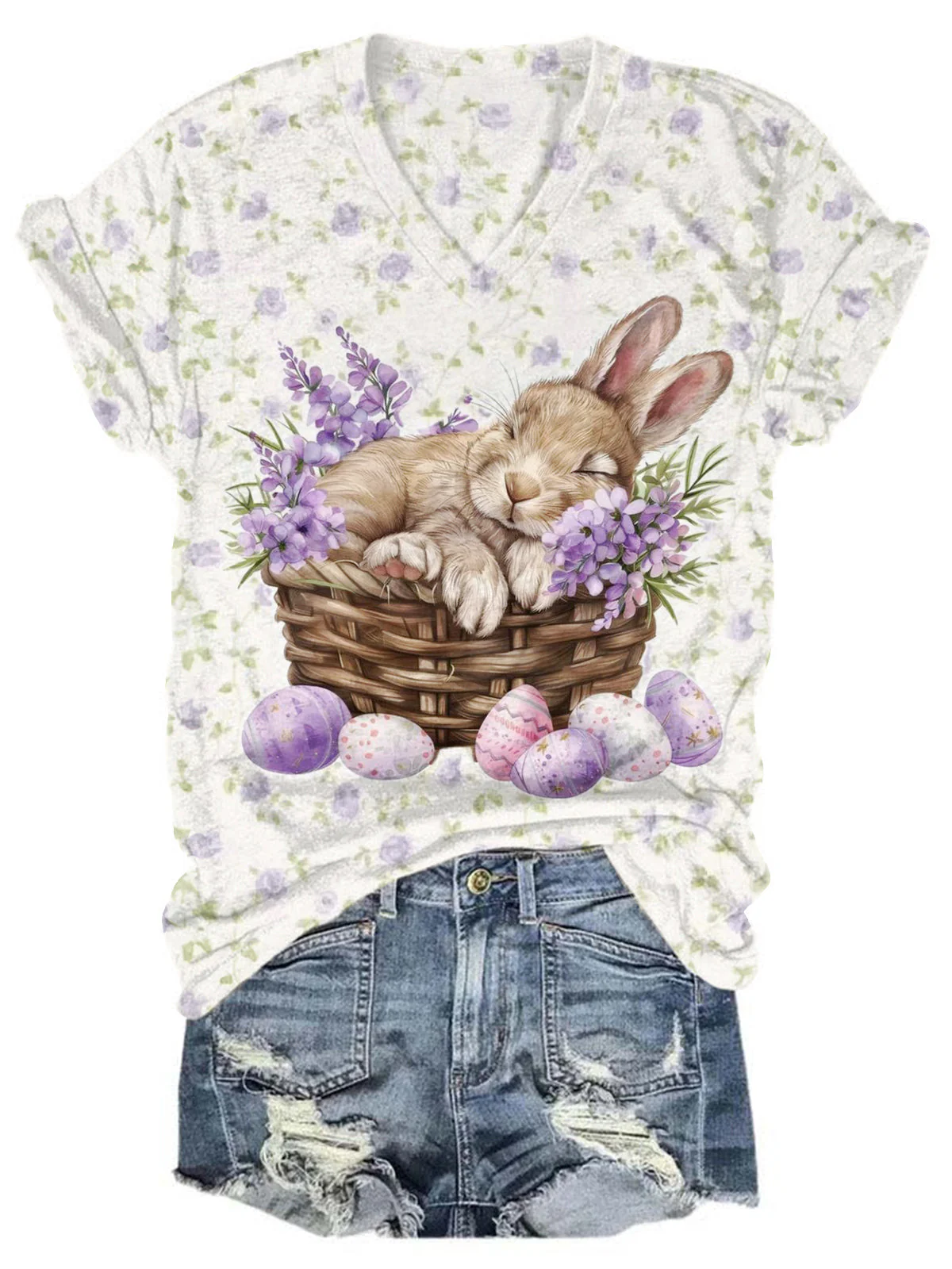 Cute Bunny Floral Easter V-neck T-Shirt
